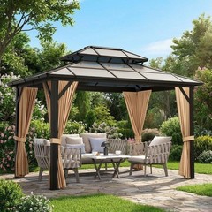 10 x 12/10X13ft Hardtop Gazebo with Nettings&Curtains, Steel Double Roof Gazebo