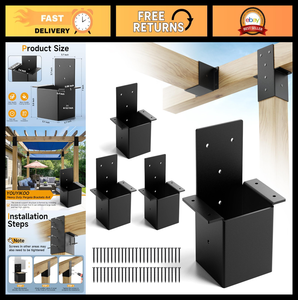 Heavy Duty 4×4 Pergola Brackets Kit – 14 Gauge Post Top Rafter Wall Mount, Black