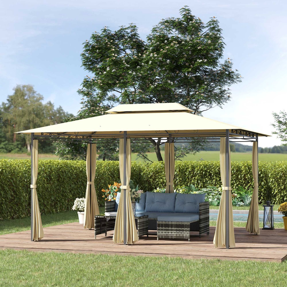 Large Outside Relaxing Cabana w/ Steel Frame & Removable Curtains, Cream White