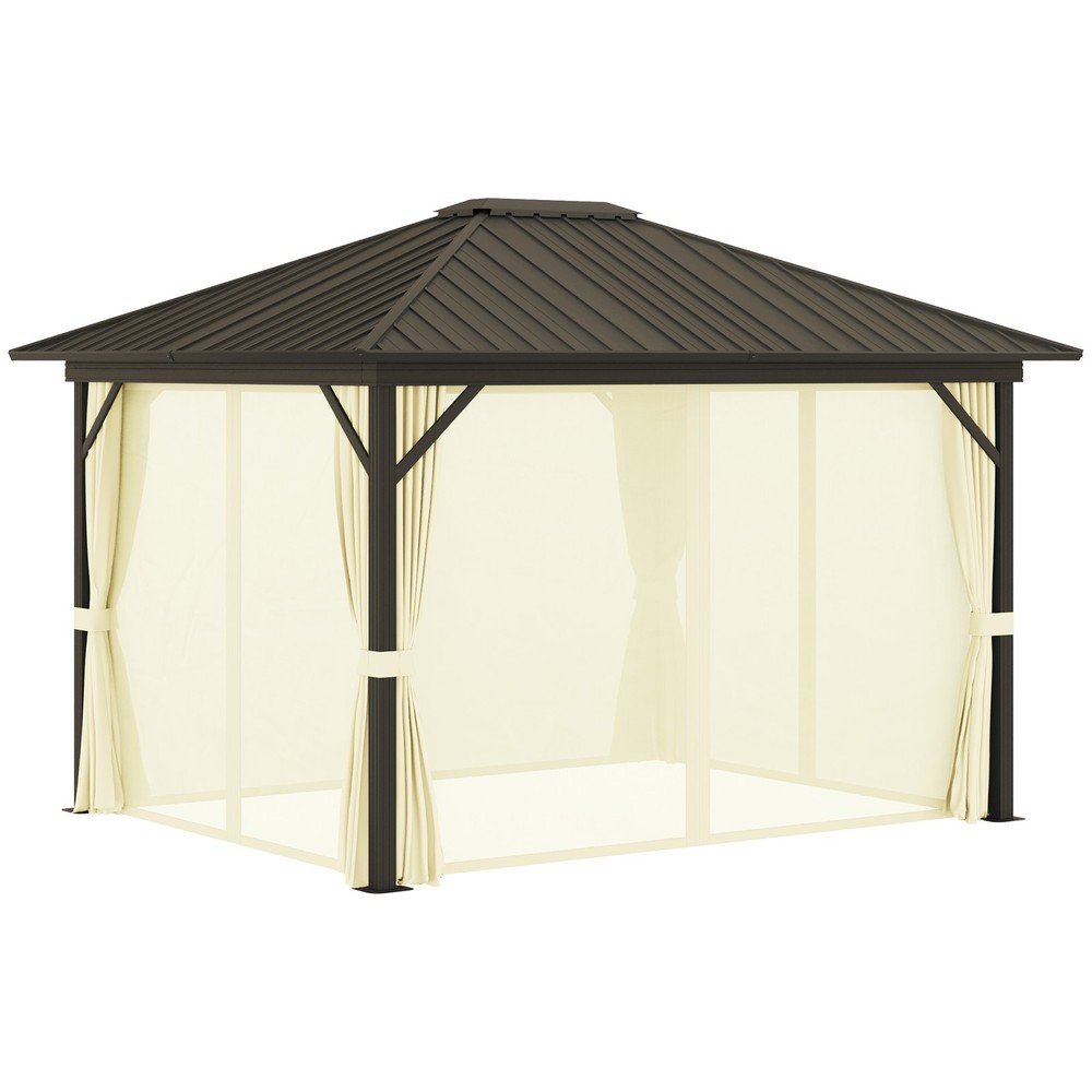 10&prime; x 12&prime; Cream Hardtop Gazebo, Mesh, Curtains, Steel Roof, Aluminum Frame