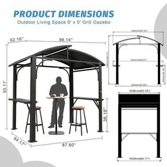 8&prime; x5&prime; Outdoor BBQ Gazebo Grill Canopy Pergolas Double Roof +2 Side Shelves Gray