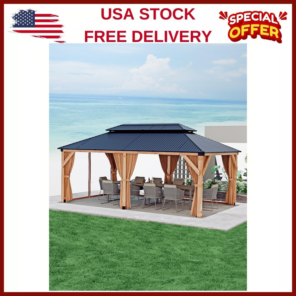 12&rsquo;x20&prime; Cedar Wood Hardtop Gazebo Double Galvanize Roof w/Curtain Nettiing,Garde