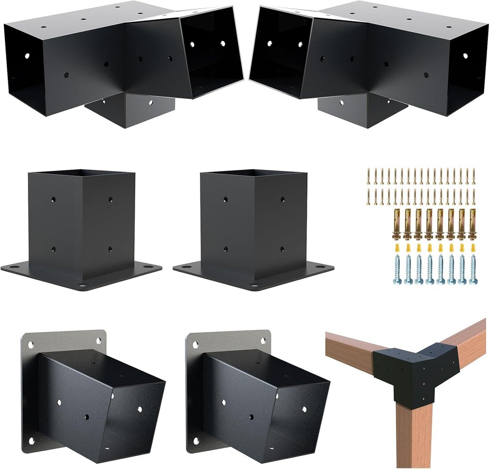 15° 3-Way Slanted Roof Pergola Bracket Set, Powder-Coated Roof Wall Mount 4&Prime;x4&Prime;