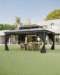 10x12ft Gray Hardtop Gazebo Aluminum Polycarbonate Roof Netting Curtains Outdoor