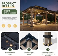 10x 10&prime; /12x20FT Wood Gazebo Hardtop Patio Permanent Wooden Pavilion Double Roof