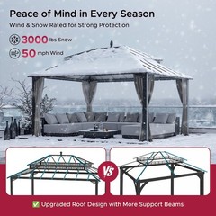 16 ft x 12 ft Aluminum Frame Steel Double Roof Hardtop Rectangular Gazebo, Grey