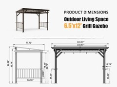 Domi Outdoor 6.5x12FT Hardtop Grill Gazebo w/2 Side Shelves &Ceiling Hook,Brown