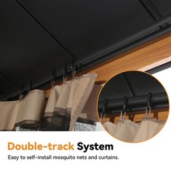 12 x 16 FT Outdoor Hardtop Gazebo Double Roof Wooden Looking w/ 4 LED Lights