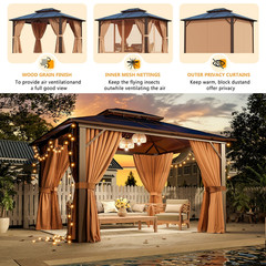 10 x 12 ft Hardtop Gazebo with Nettings and Curtains, Steel Double Roof Gazebo
