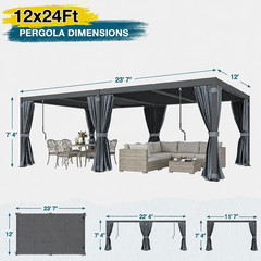 24×12 Ft Louvered Pergola Aluminum Gazebo w/ Curtains & Netting Adjustable Roof