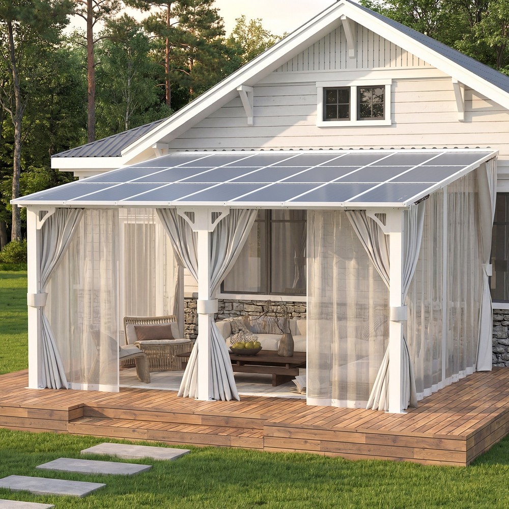 Wall Mounted Hardtop Gazebo Lean to Metal Pergola with Curtains Netting Patio