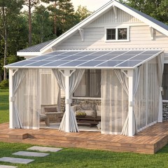 Wall Mounted Hardtop Gazebo Lean to Metal Pergola with Curtains Netting Patio