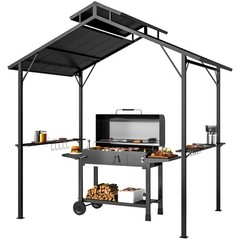 8x5ft Hardtop Grill Gazebo with Double Metal Roof, 2 Side Shelves for Patio Deck