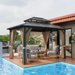10 x 12/10X13ft Hardtop Gazebo with Nettings&Curtains, Steel Double Roof Gazebo