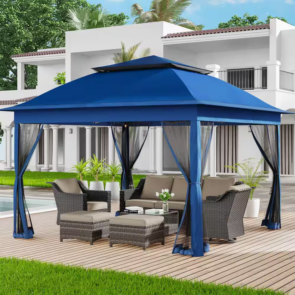 11 Ft. X 11 Ft. Dark Blue Steel Portable Pop-Up Gazebo with Mosquito Netting
