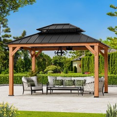 Cedar Wood Hardtop Gazebo Double Galvanized Steel Roof w/Sturdy Hooks for Garden
