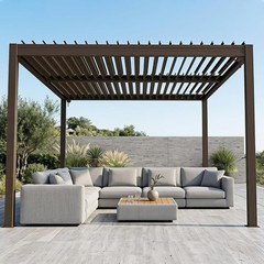 Domi 13x13FT Metal Louvered Pergola W/Adjustable Roof&Drainage System,Brown