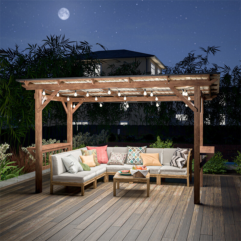 13&prime; x 6.5&prime; Wooden Pergola Grill Gazebo with Metal Roof & Bulbs & Bar Counters