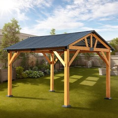 Garden Fir Wood Carport Pavilion Gazebo Hard Top Steel Metal Roof Wooden Frame