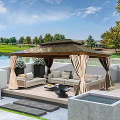 Domi 12&rsquo;X 16&rsquo;Hardtop Gazebo Double Roof Canopy,w/Curtains&Netting(Wood Looking)