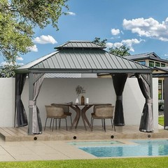 Domi 10x12FT Outdoor Hardtop Gazebo Aluminum Double Roof w/Curtain&Netting,Grey