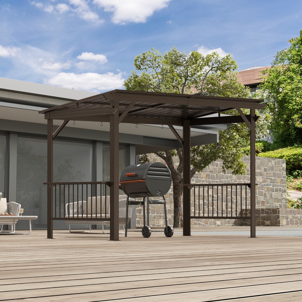 Domi Outdoor 6.5x12FT Hardtop Grill Gazebo w/2 Side Shelves &Ceiling Hook,Brown