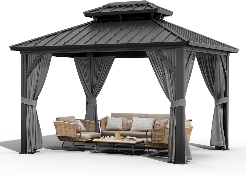 Hardtop Gazebo Heavy-Duty Aluminum Pavilion with Double Metal Roof Mosquito US