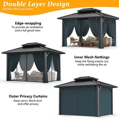 10×12 Hardtop Gazebo,Galvanized Steel Double Roof Patio Gazebo w/Curtain Netting