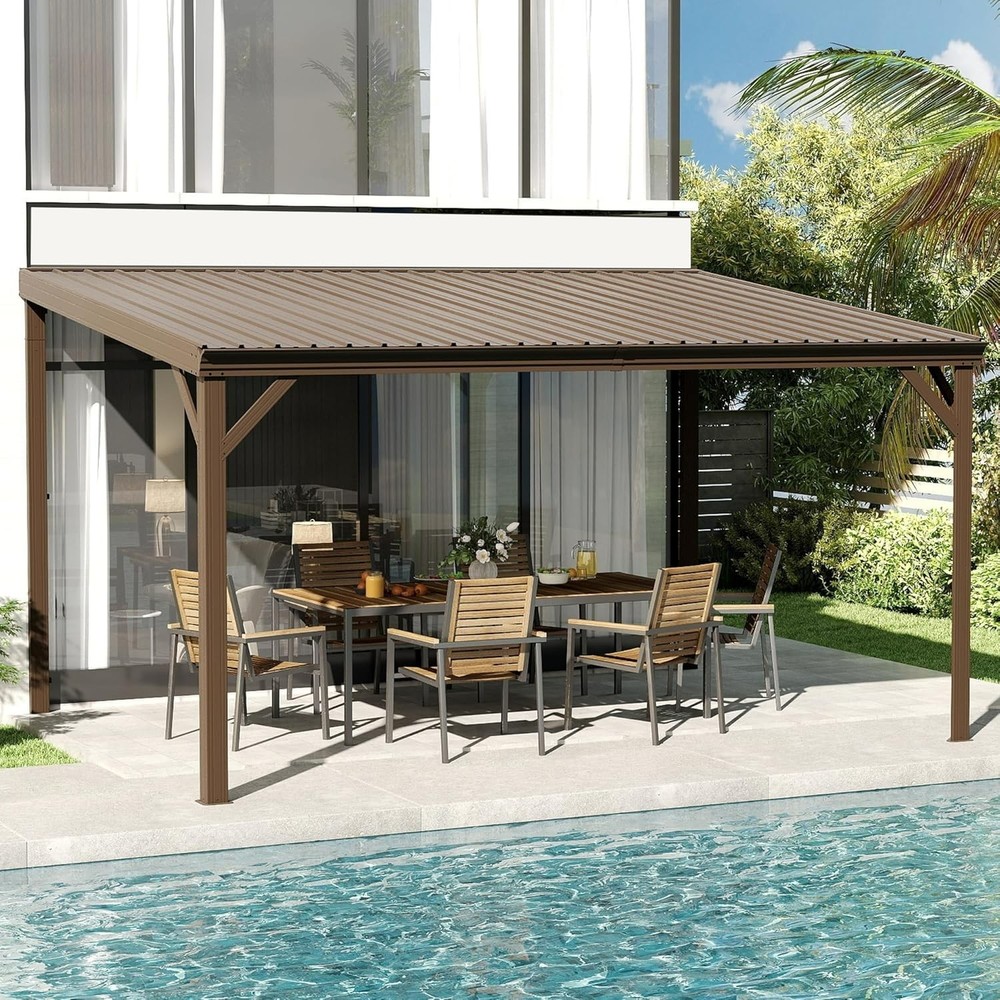 Domi 10x14FT Lean to Gazebo, Wall Mounted Gazebo w/Sloping Roof,Drainage System