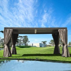 Domi Outdoor Louvered Pergola 12&rsquo;x16&prime;,Adjustable Aluminum Roof w/Curtains Brown