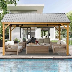 Domi 12&prime; x 14&prime; Outdoor Hardtop Gazebo w/Galvanized Steel Canopy(Wood Looking)