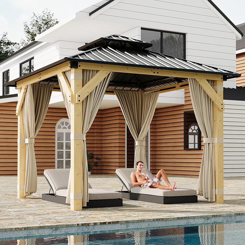 10×10 Ft Wood Gazebo, Upgrade Spruce Frame and Double Galvanized Steel Roof