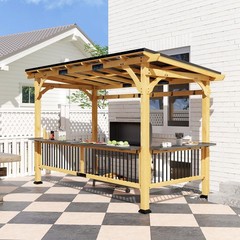 Wooden BBQ Gazebo 13x6ft with Steel Roof Expanded Storage Space Natural