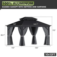 Hardtop Aluminum Gazebo, Double Galvanized Steel Roof with Curtains & Netting