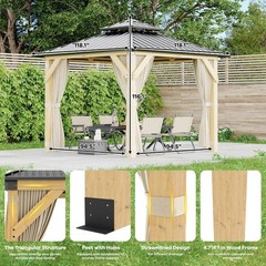 10×10 Ft Wood Gazebo, Upgrade Spruce Frame and Double Galvanized Steel Roof