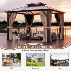 10×12 Hardtop Gazebo Double PC Roof Canopy W/Curtains and Net,Aluminum Frame