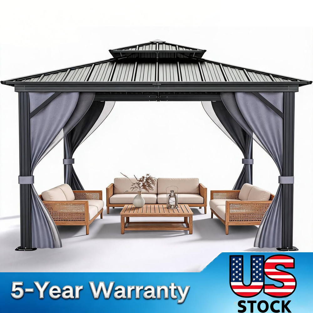 10X10FT Hardtop Gazebo HD Aluminum Pavilion w/ Double Metal Roof Mosquito