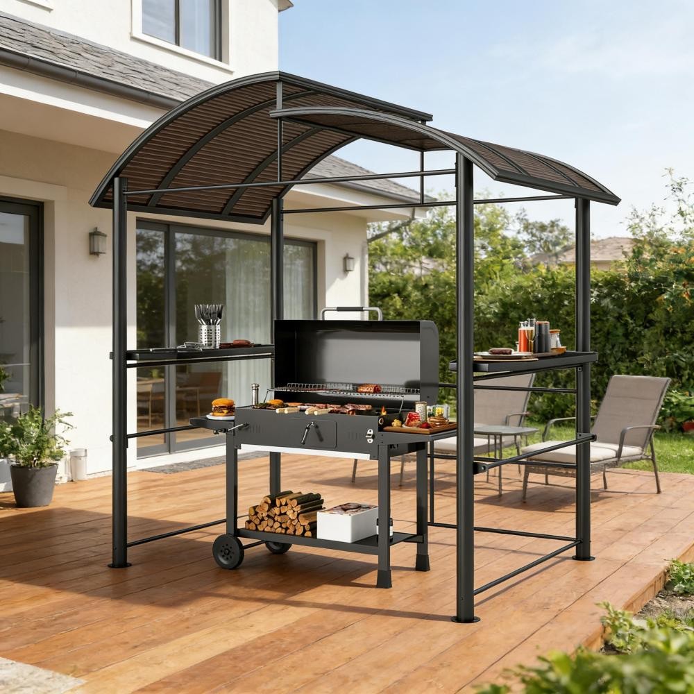 Hardtop BBQ Grill Gazebo with 2 Side Shelves, 94.5&Prime;x59.1&Prime;x90.6&Prime;, Dark Gray