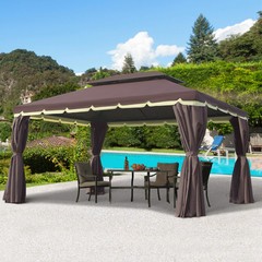 10&prime; x 13&prime; Patio Gazebo, Aluminum, Mesh Netting, 2 Tier Polyester Roof, Coffee