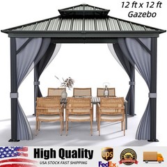 12 ft x 12 ft Hardtop Gazebo, Outdoor Permanent Pavilion, with Double Metal Roof