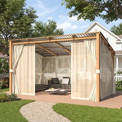 10×14 Wooden Hardtop Gazebo Pergola w/ Curtains & Netting Lean to Patio Shelter