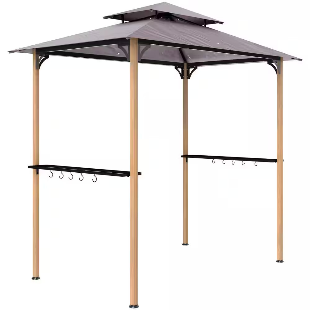 8 Ft. X 5 Ft. Natural Wood Grill Gazebo, Double Tiered Outdoor BBQ Gazebo with 2