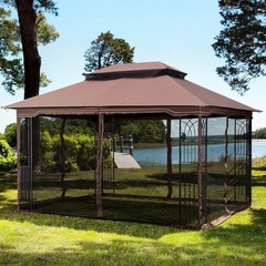 13x10ft Patio Gazebo Double Polycarbonate Roof Canopy with Curtains and Net