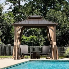 Domi 8’ x 8’ Hardtop Gazebo Outdoor Aluminum Gazebo w/Curtains and Net, Brown