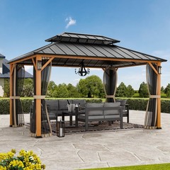 Outdoor Hardtop Gazebo Galvanized Steel Double Roof w/4 LED Lights and Nettings