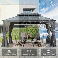 Domi 12x12Ft Hardtop Gazebo Double Roof w/Curtain&Netting,Built-in gutter system