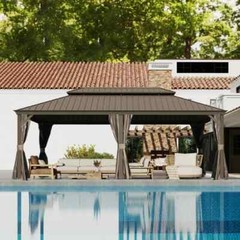 Domi 14x24Ft Hardtop Gazebo Double Roof w/Curtain&Netting,Built-in gutter system