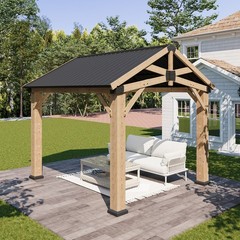 10×10 FT Wood Frame Gazebo with Metal Hardtop Roof Quick Assembly Light Gray