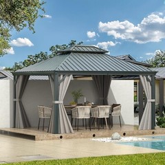 Domi 10x12FT Outdoor Hardtop Gazebo Aluminum Double Roof w/Curtain&Netting,Grey