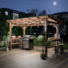 13×6.5 FT Wooden Pergola w/ Metal Roof, Bar Counters & Lights – Brown